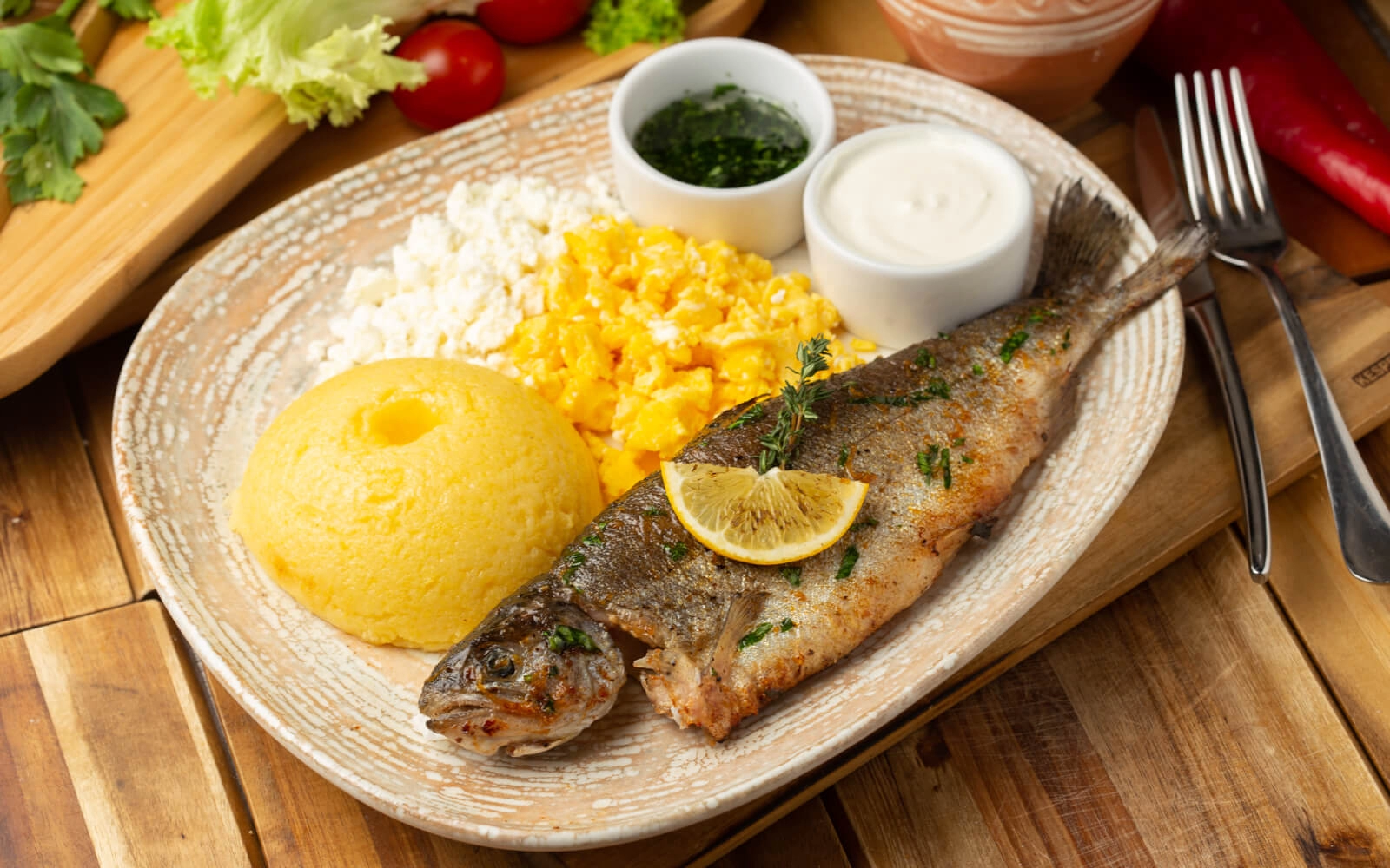 Baked trout with polenta